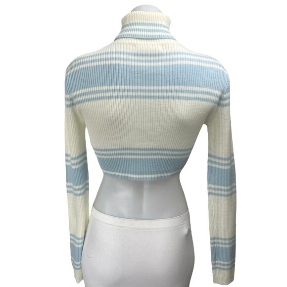 All The Ways Blue Striped Rib Knit Long Sleeve Turtleneck Crop Sweater Top Sz XS - Picture 2 of 4